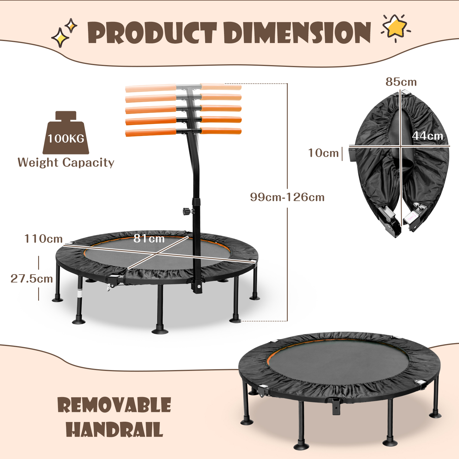 Wymiary trampoliny fitness 110 cm pomarańczowej