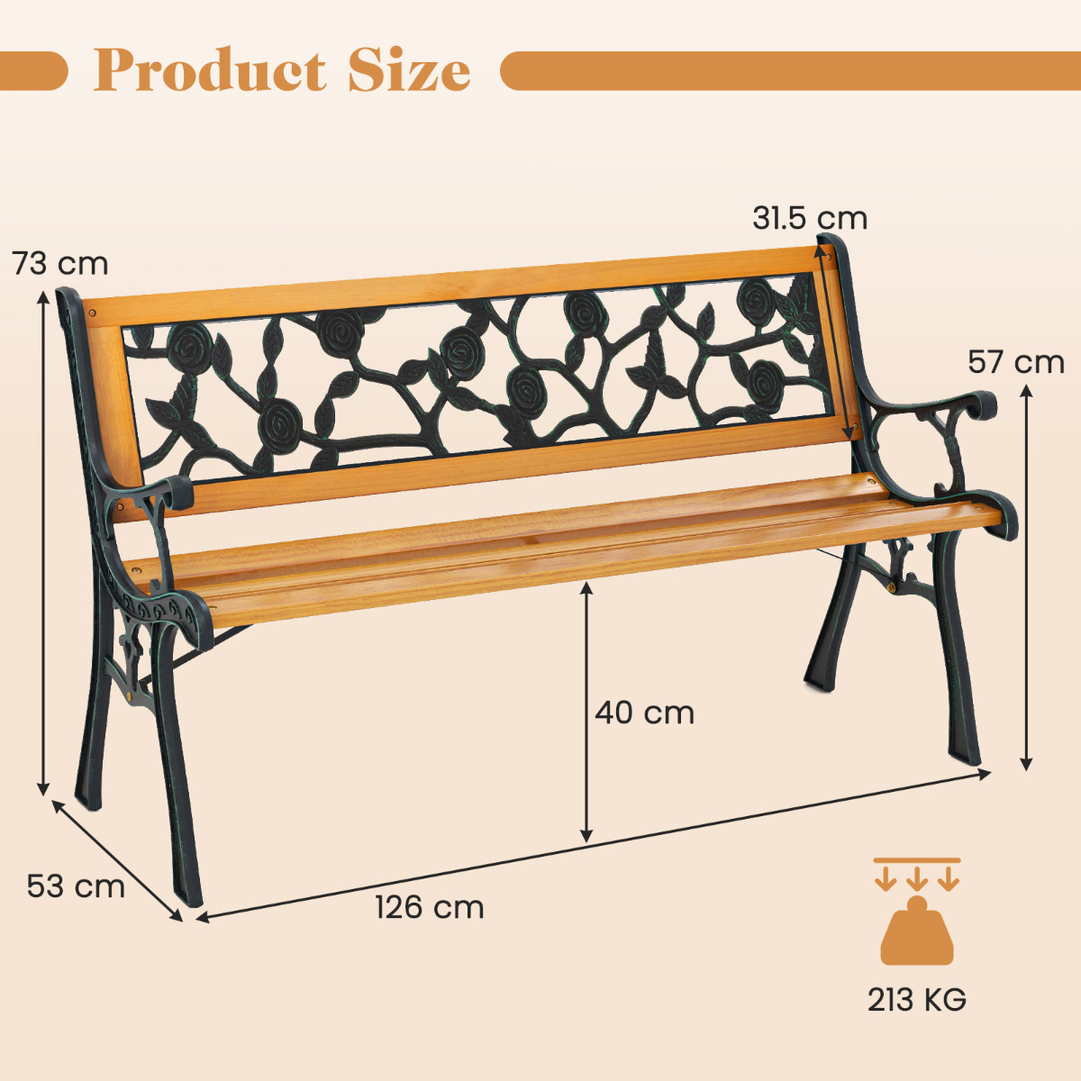Wymiary żeliwno-drewnianej ławki ogrodowej 126 cm