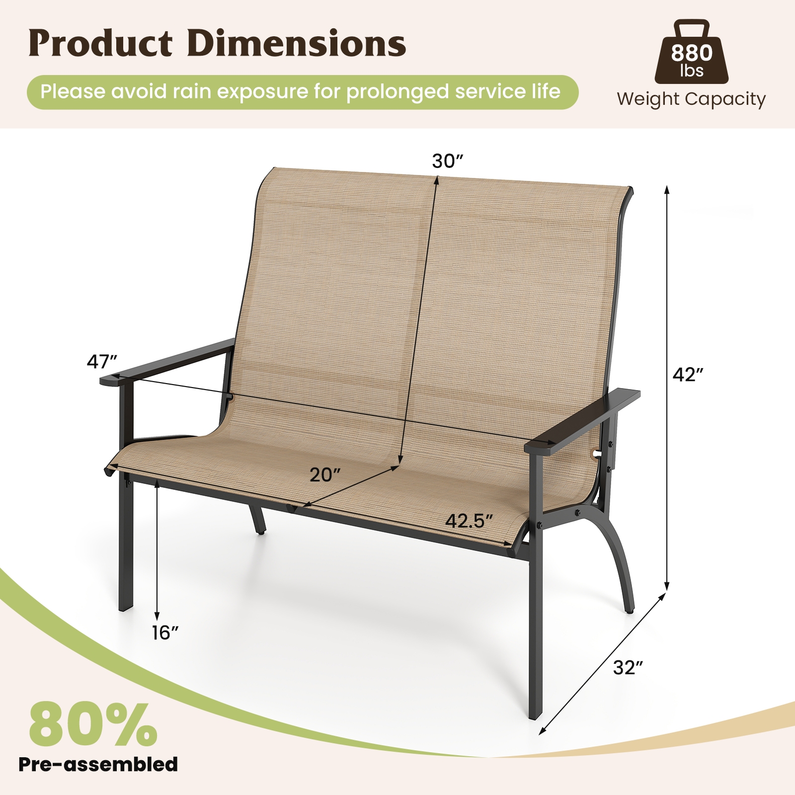 Wymiary ławki Adirondack Loveseat
