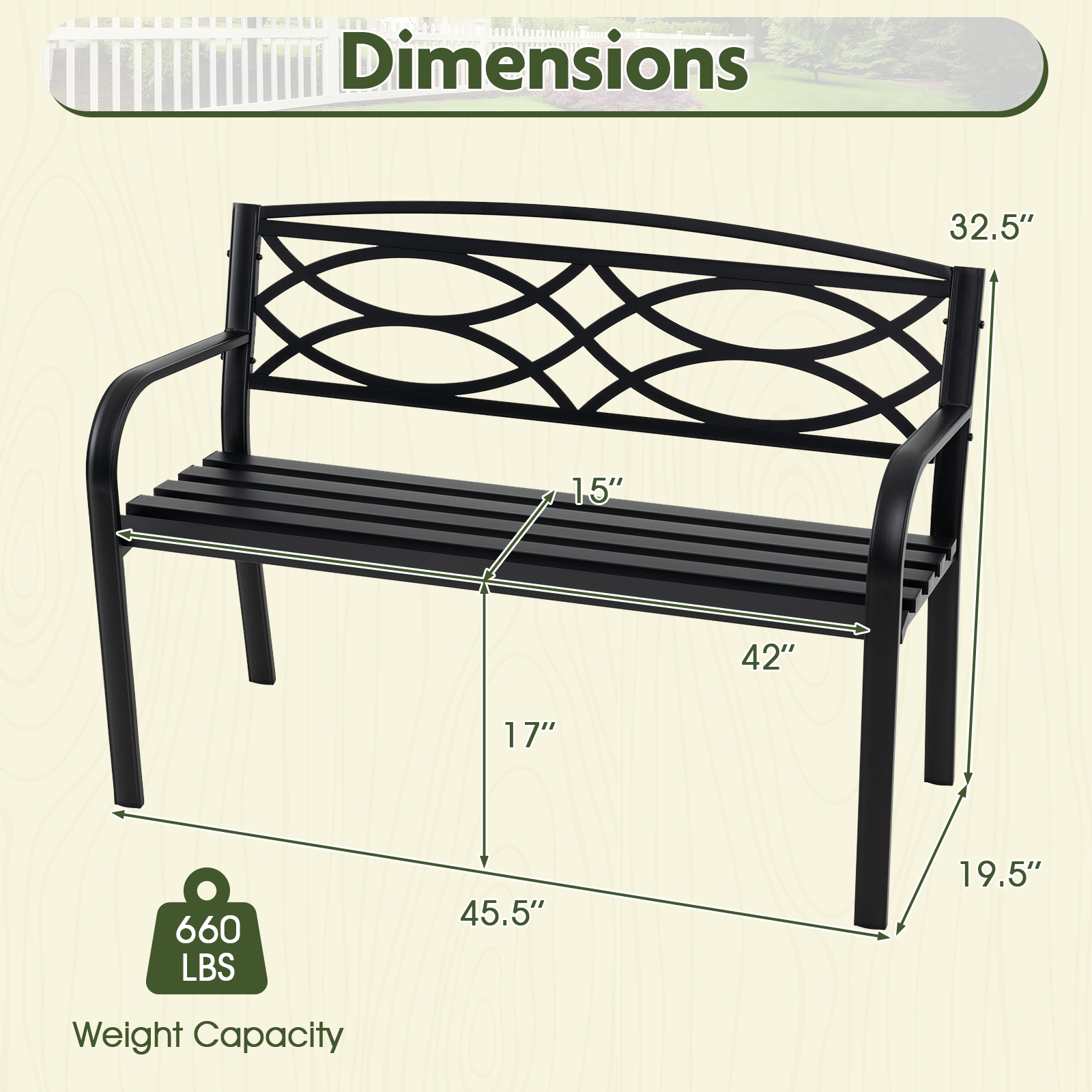 Wymiary czarnej ławki ogrodowej 116 cm