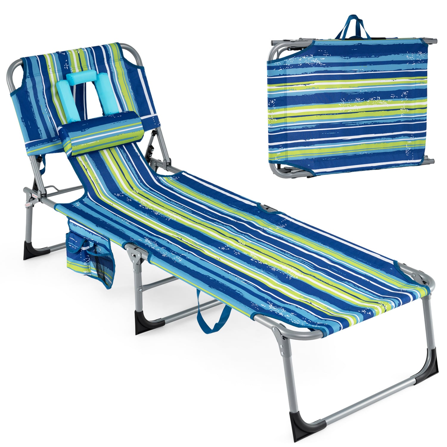 Kolorowy leżak plażowy w pasy z otworem na twarz