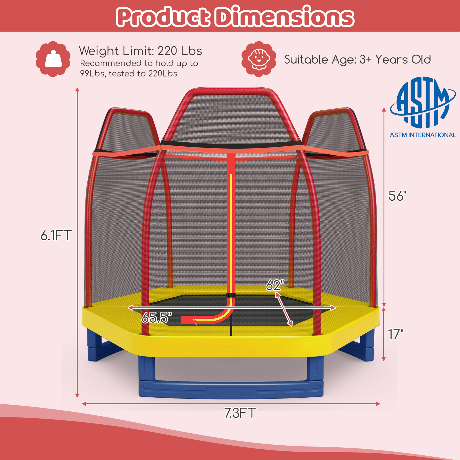 Wymiary trampoliny dziecięcej 223 cm