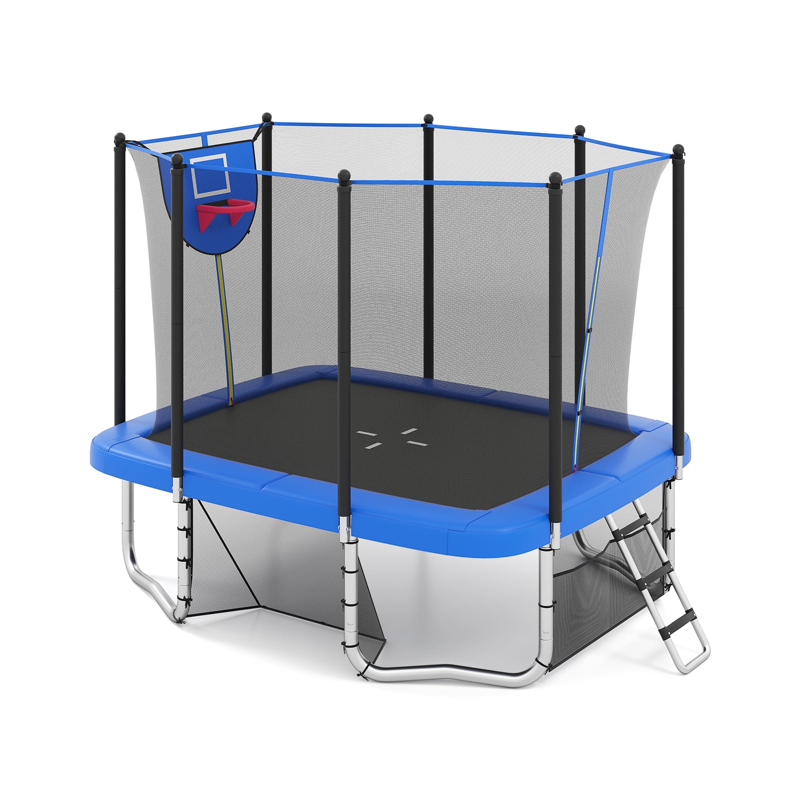 Prostokątna trampolina ogrodowa z koszem i bramką