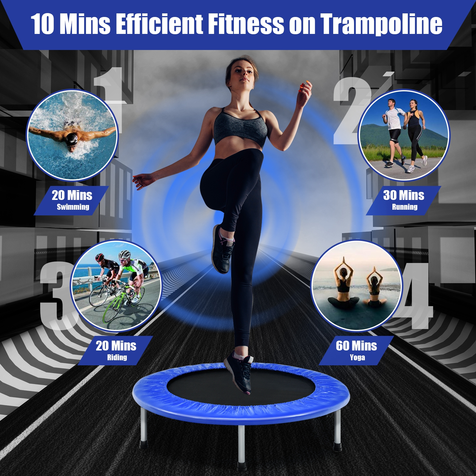Wymiary niebieskiej trampoliny fitness