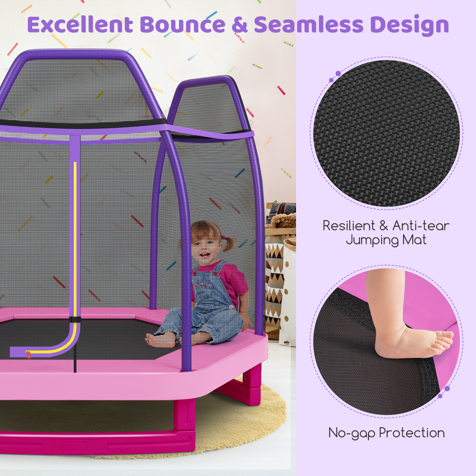 Stabilne nogi różowej trampoliny ogrodowej