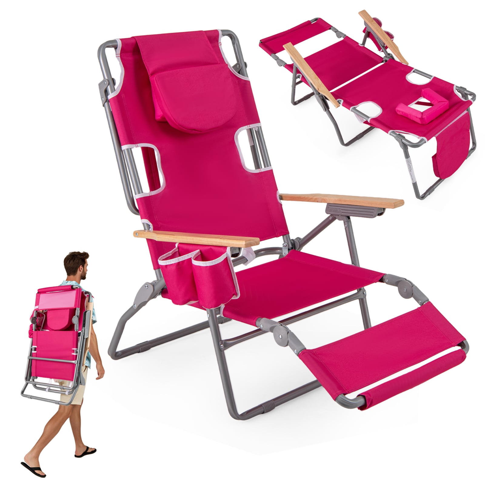Różowy leżak plażowy z otworem na twarz i poduszką