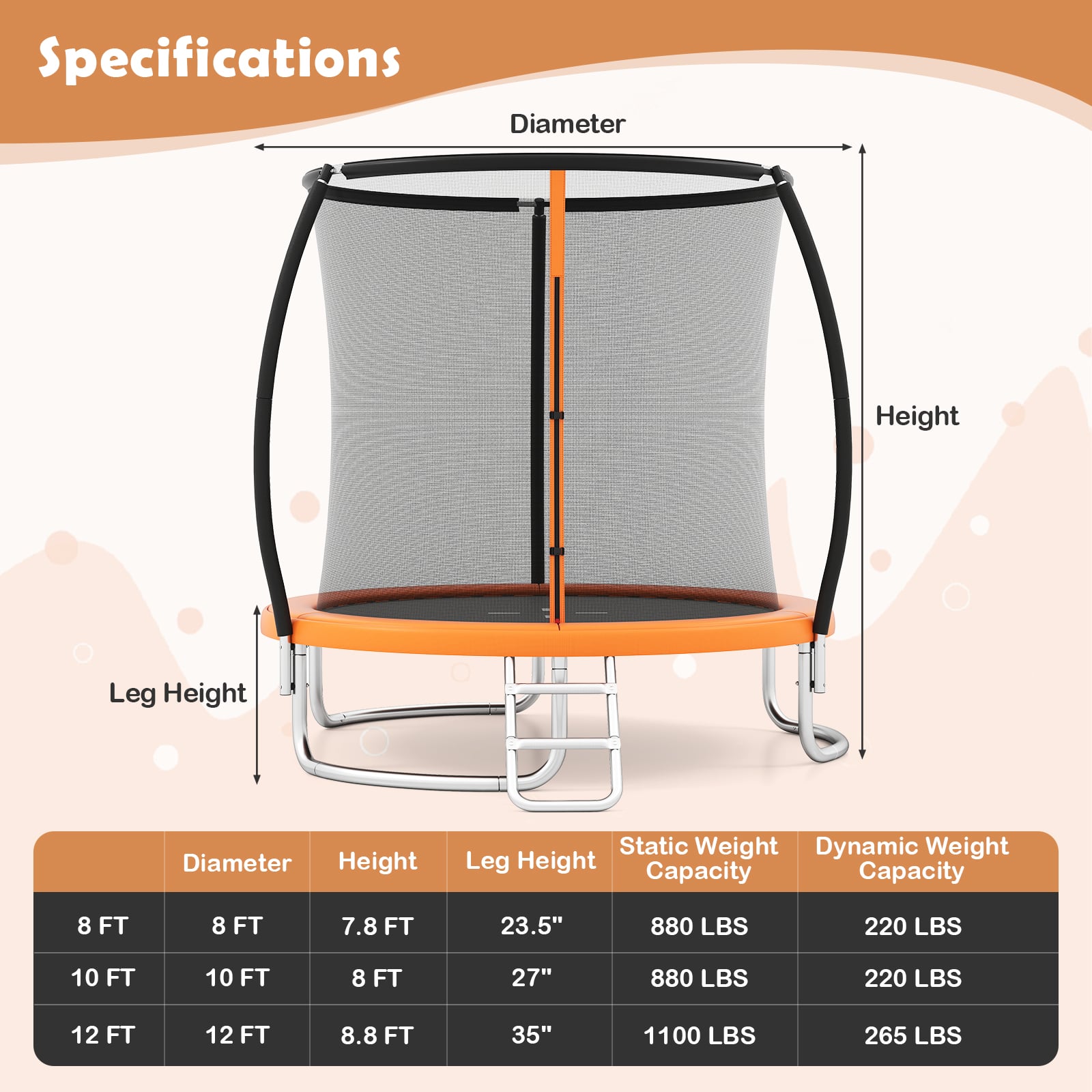 Wymiary pomarańczowej trampoliny ogrodowej 305cm