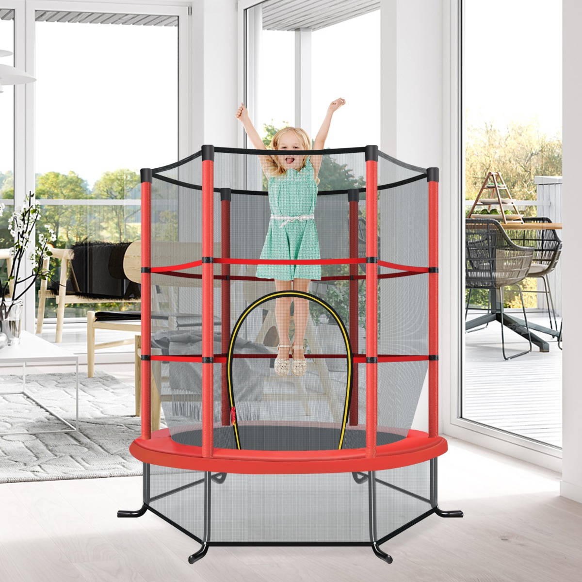 Czerwona trampolina 140 cm w ogrodzie
