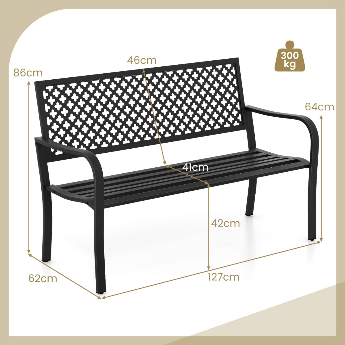 Wymiary czarnej ławki metalowej 127 cm