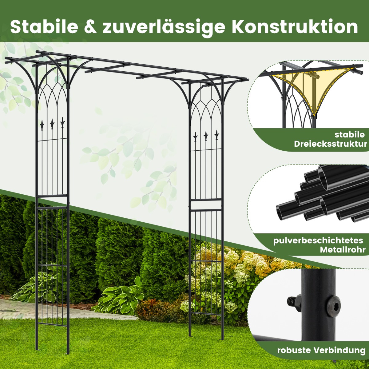 Elegancka czarna pergola łukowa na róże w ogrodzie