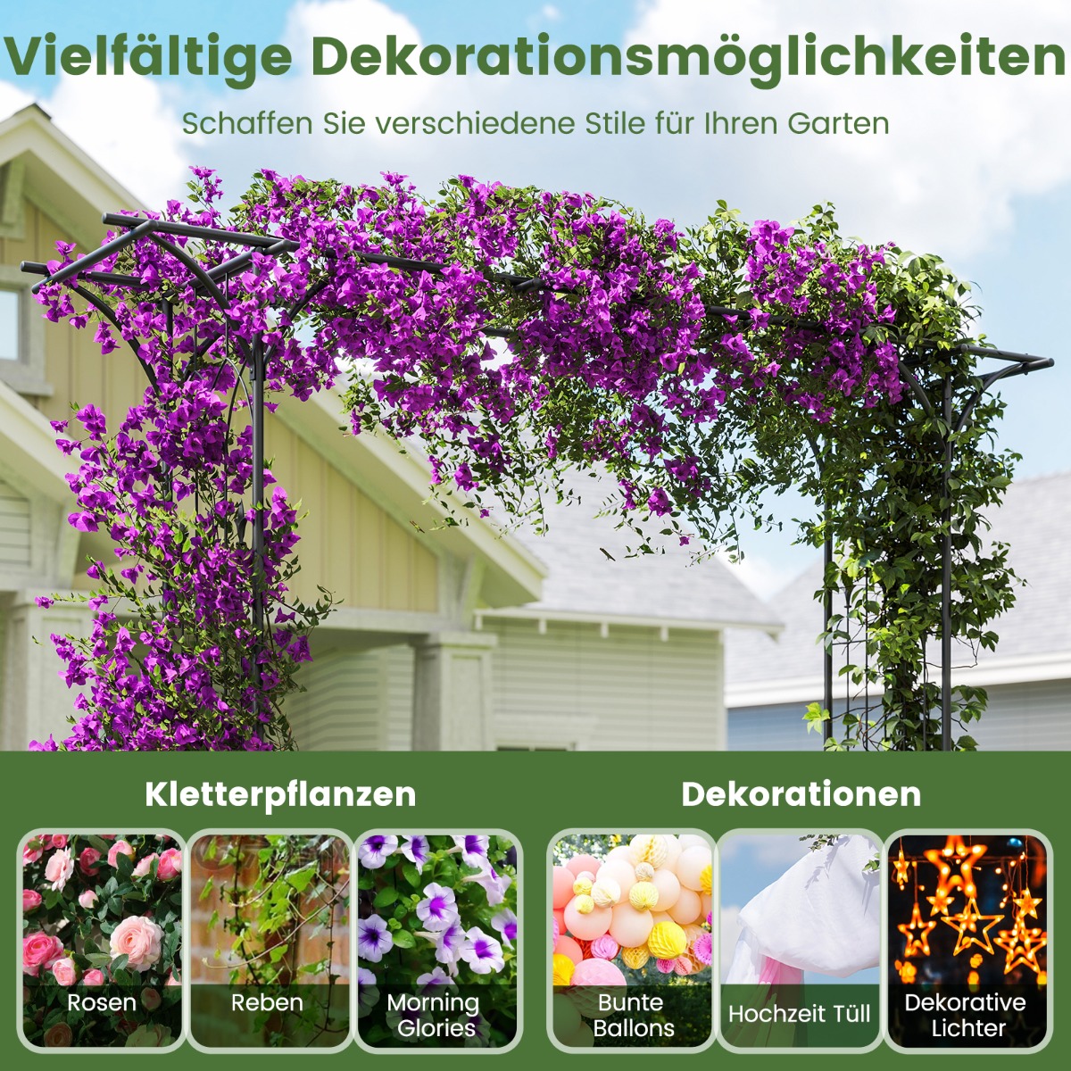 Pergola ogrodowa jako dekoracja ślubna plenerowa z balonami