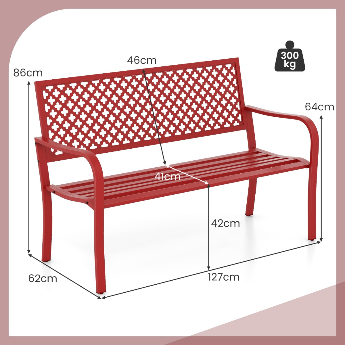 Wymiary czerwonej ławki ogrodowej 127 cm