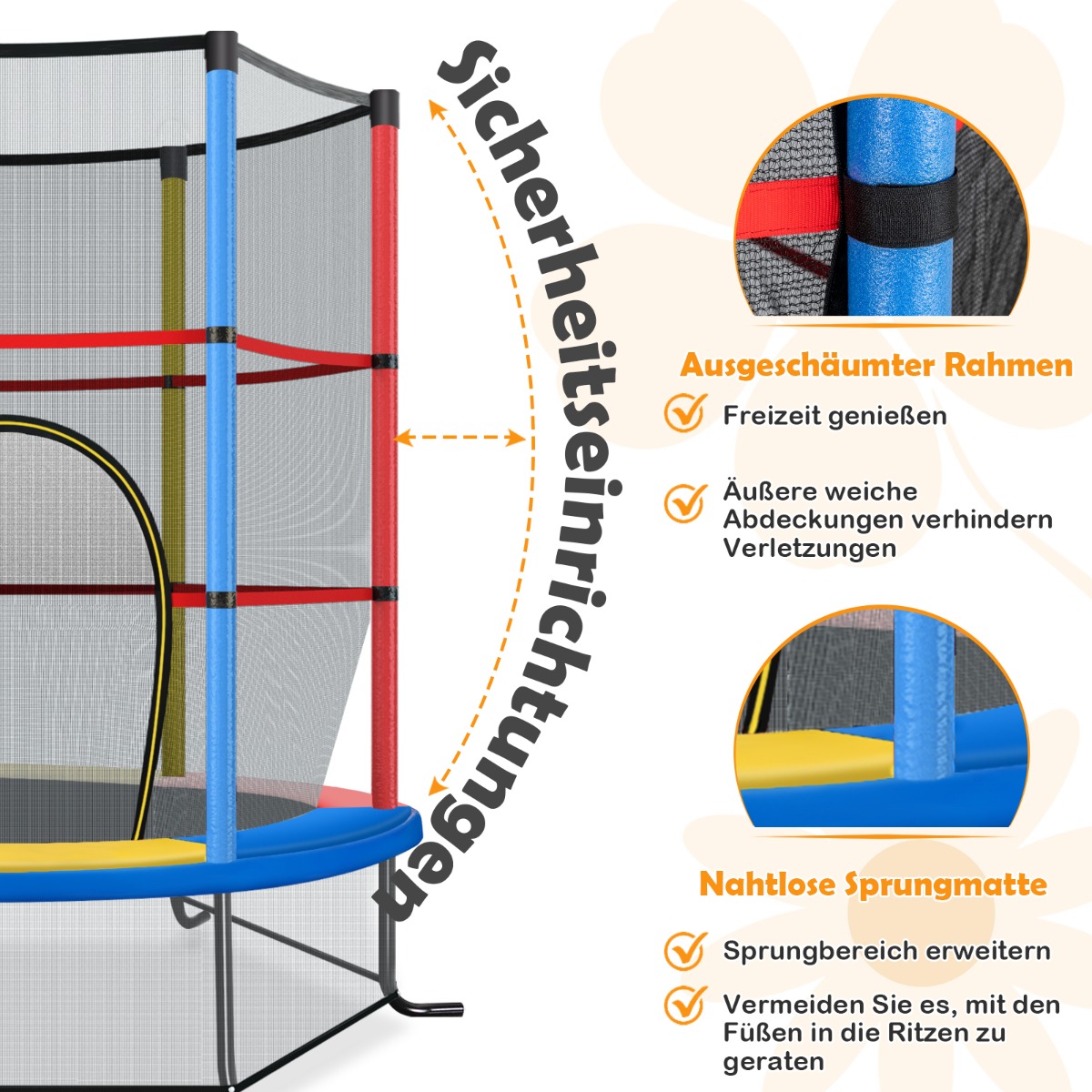 Bezpieczna trampolina z podwójną siatką i miękkimi osłonami
