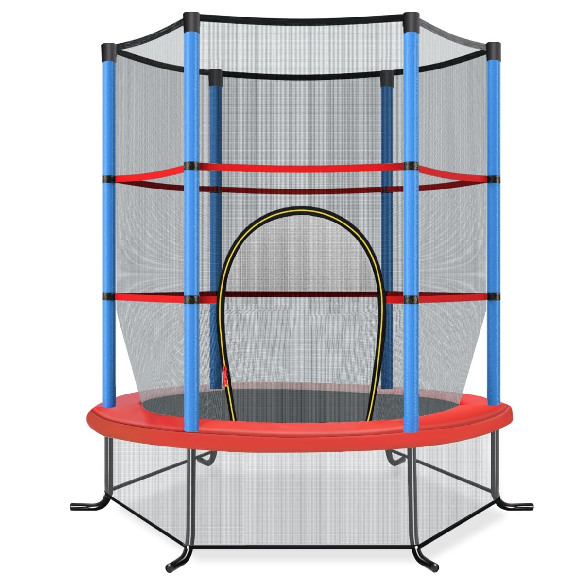 Granatowa trampolina dziecięca w ogrodzie