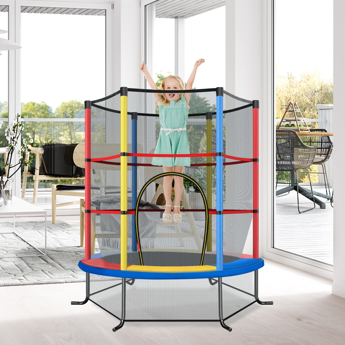 Bezpieczna trampolina z podwójną siatką i miękkimi osłonami