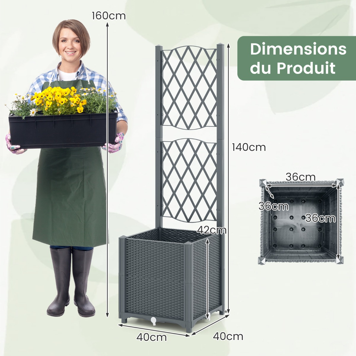 Wymiary szarej donicy z kratką 140cm