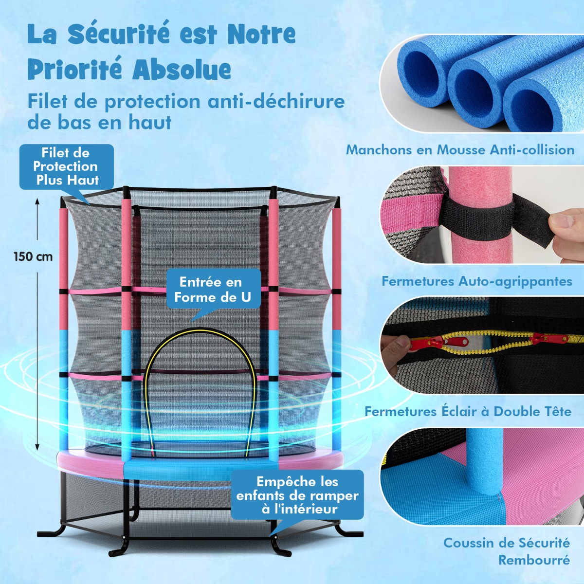 System bezpiecznych linek bungee w różowej trampolinie