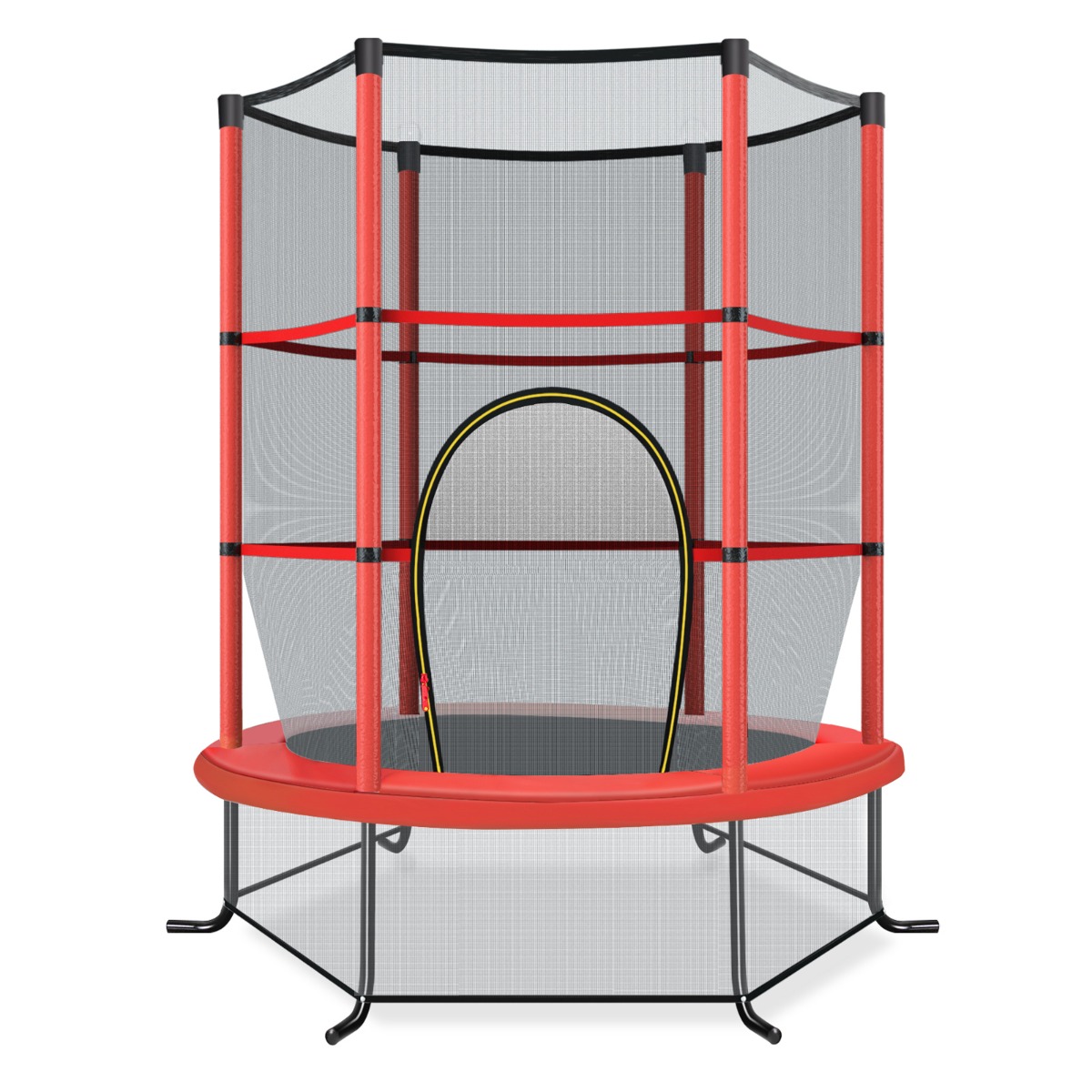 Dziecko skaczące na czerwonej trampolinie z podwójną siatką