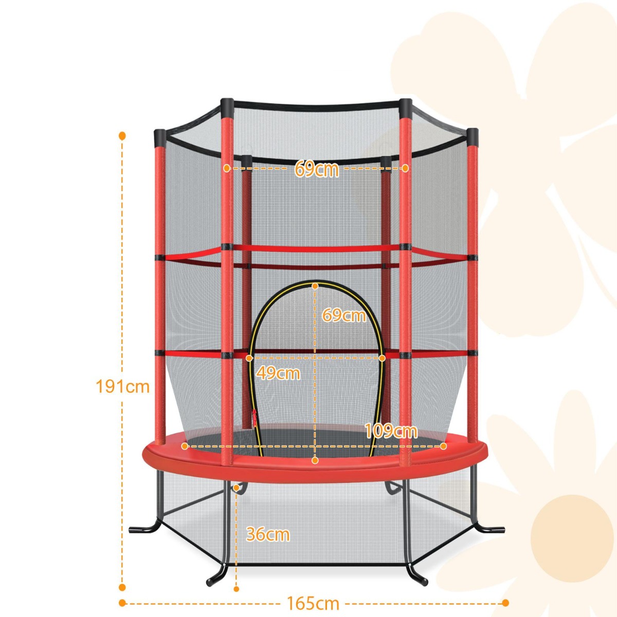 Wymiary czerwonej trampoliny dla dzieci 165 cm