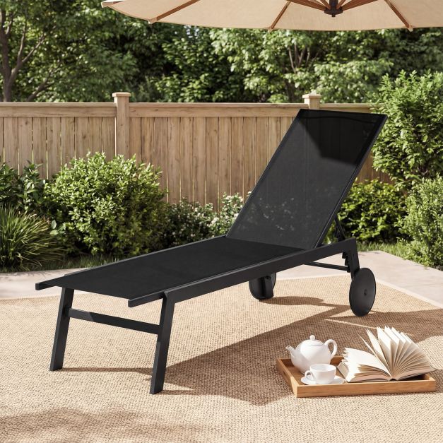 Zestaw 2 leżaków ogrodowych na kołach czarne