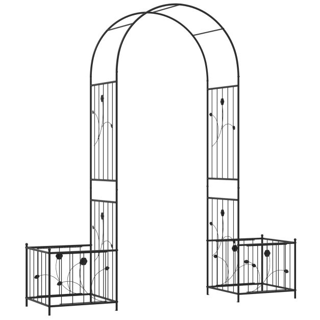 Metalowa pergola łukowa z dwiema dużymi donicami u podstawy